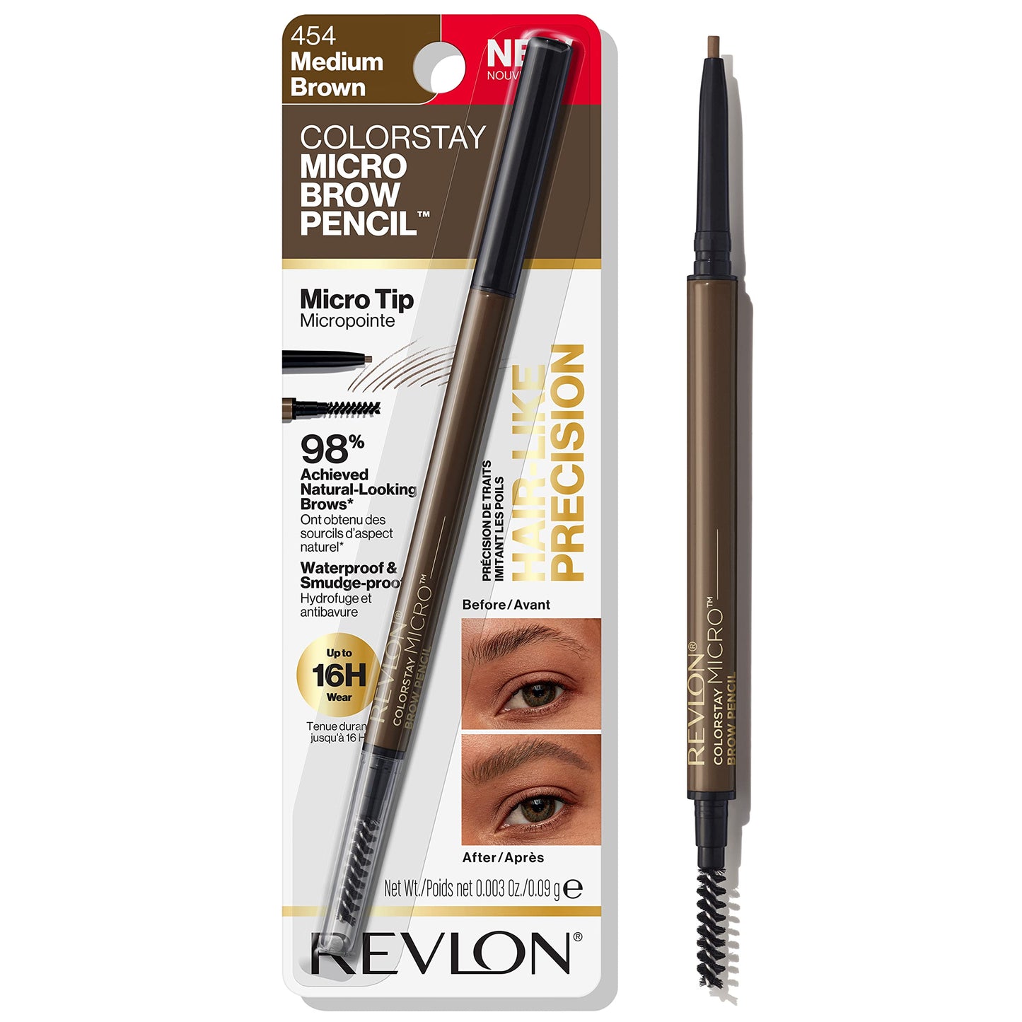 Revlon ColorStay Micro Eyebrow Pencil with Built In Spoolie Brush, Infused with Argan and Marula Oil, Stocking Stuffer for Her, 454 Medium Brown