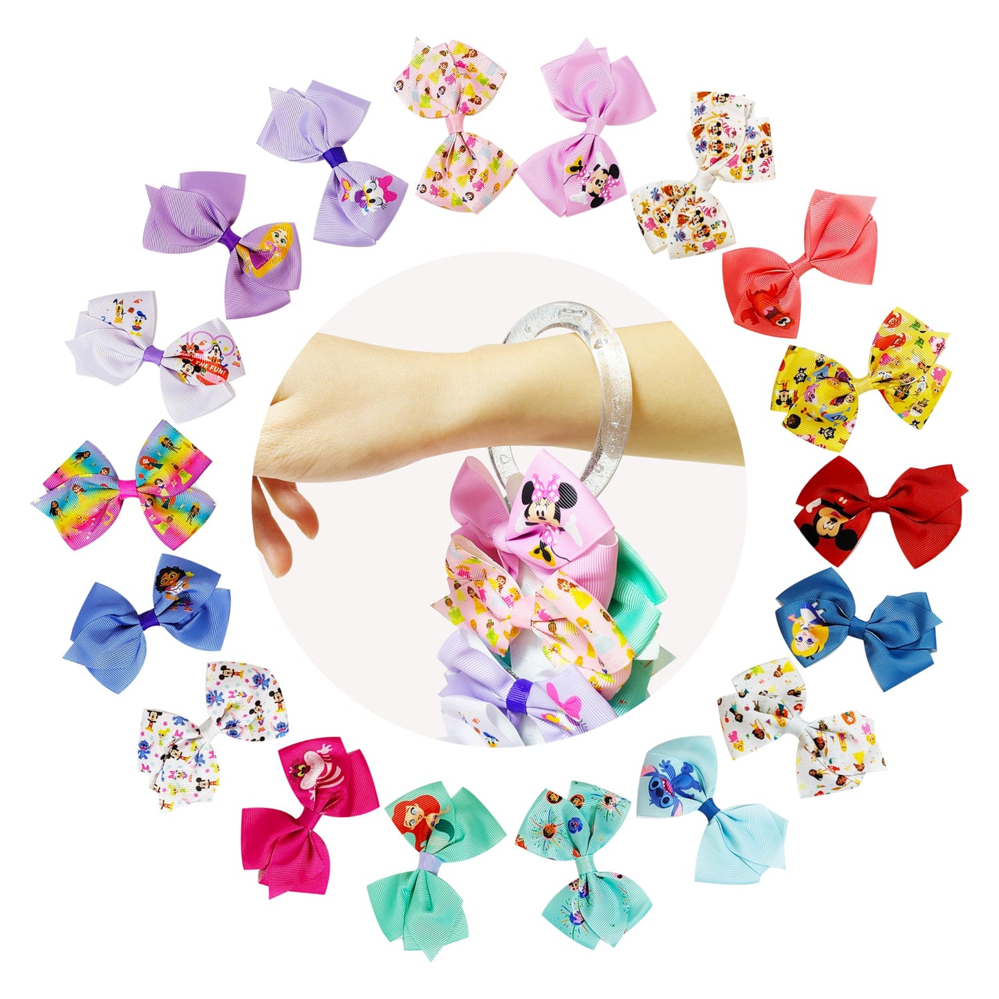 Disney 100th Anniversary Special Hair Accessory for Girls|18pc Disney Hair Bow Clips Featuring Favorite Characters with a String Bag Bow Holder