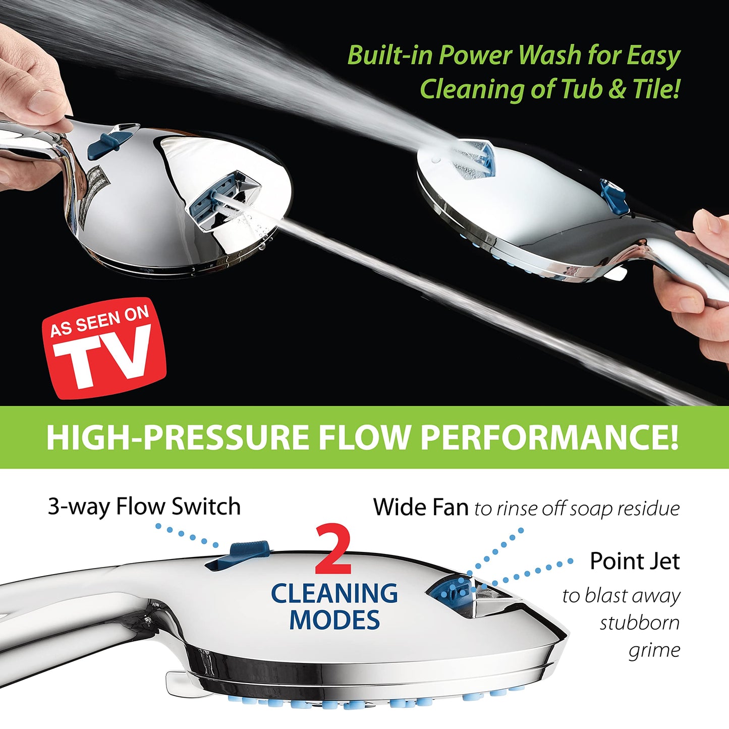 AquaCare 8-Mode High Pressure Handheld Shower Head – Anti-Clog Nozzles, Power Wash, 6ft Hose, Wall & Overhead Brackets