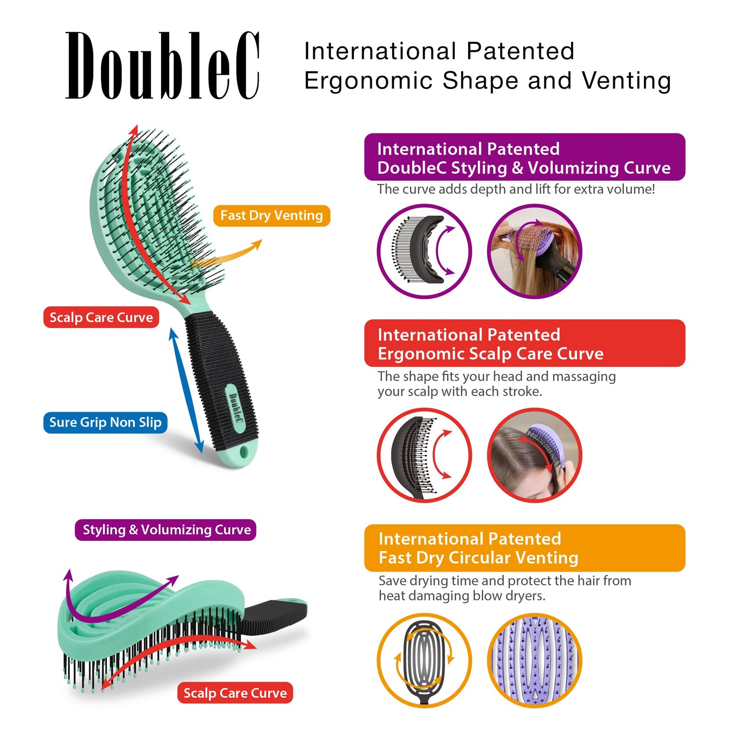 NuWay 4HAIR DoubleC U.S. Patented Double Curved Detangling Brush is Hair Dryer Safe (Mint Green)
