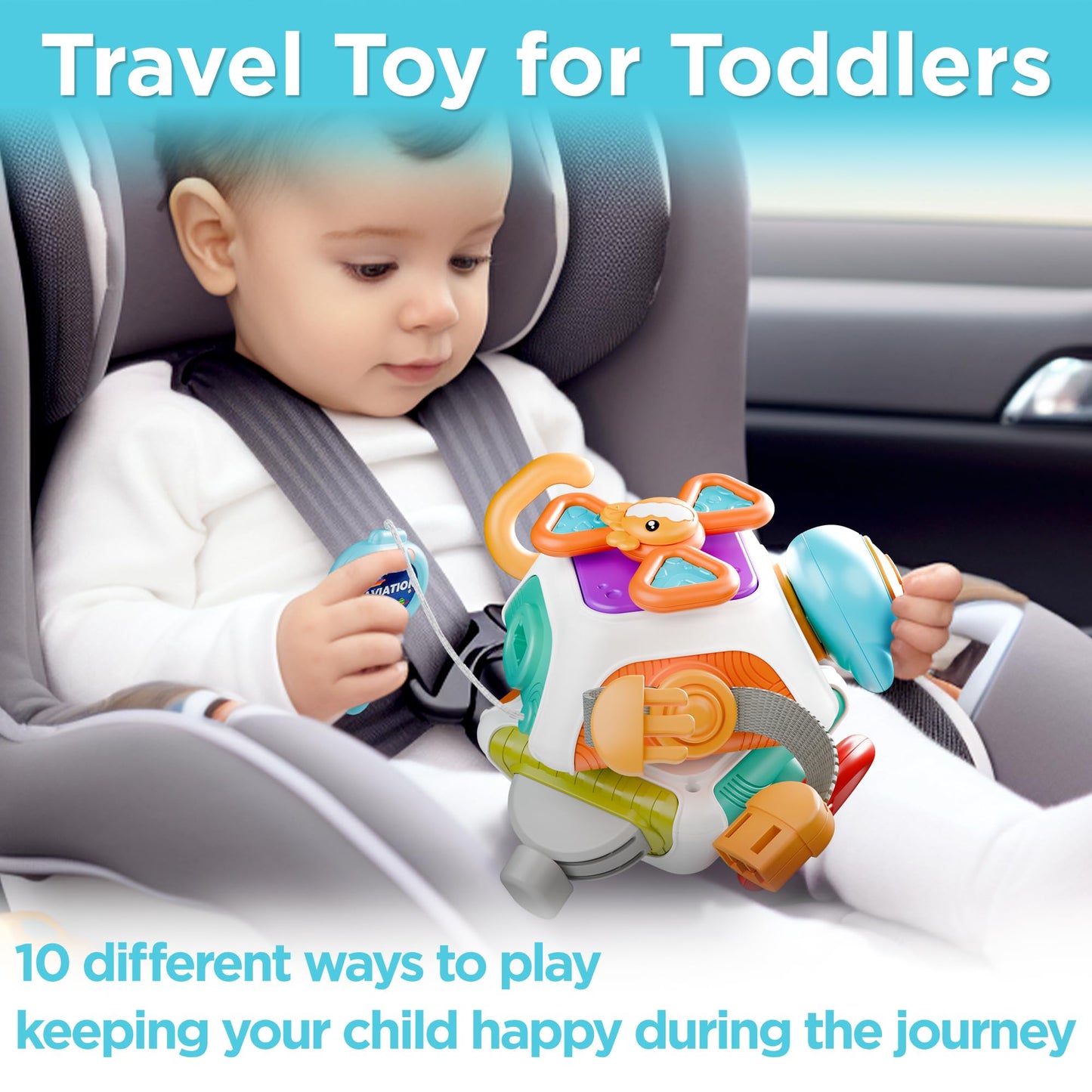 Play iLearn 10-in-1 Busy Board Cube Montessori Toy for Toddlers, Travel Carseat Sensory Activity, Educational Gift for 6-24M Boys Girls