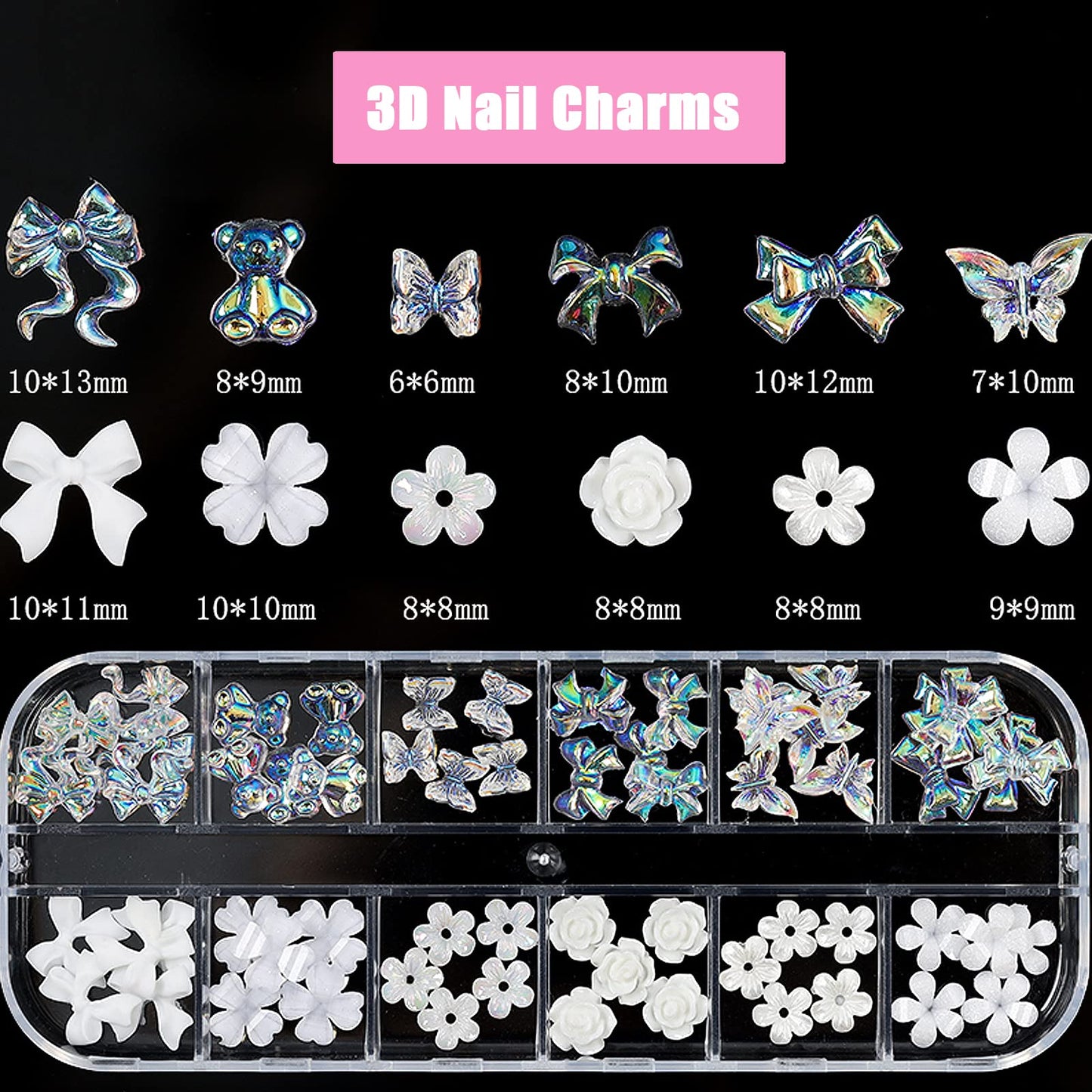 3D Acrylic Butterfly White Flowers Bear Nails Charms Cute Nail Charms Mixed Starry Crystal Nail Rhinestones Multi Sizes Crystal Gems Stones for Nail