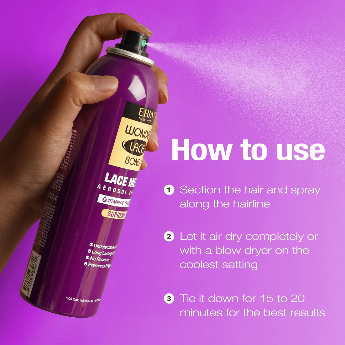 Wonder Lace Melt Aerosol Spray - Vitamin E Biotin Infused 6.08 fl.oz./180ml Preserves Edges & Undetectable Lace Long lasting hold No Residue glueless