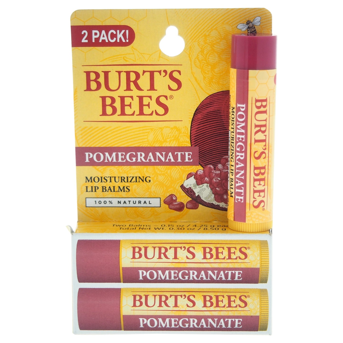 Burt's Bees Lip Balm - Pomegranate, Lip Moisturizer With Responsibly Sourced Beeswax, Natural Origin Conditioning Treatment, 2 Tubes, 0.15 oz.