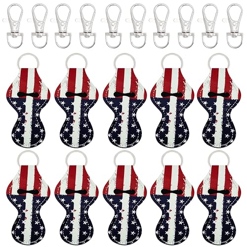 allydrew 10 Pack Chapstick Holder Keychain, Keyring for Lip Balm Lip Gloss Lipstick with 10 Pieces Metal Keyring Clasps, Patriotic Flag