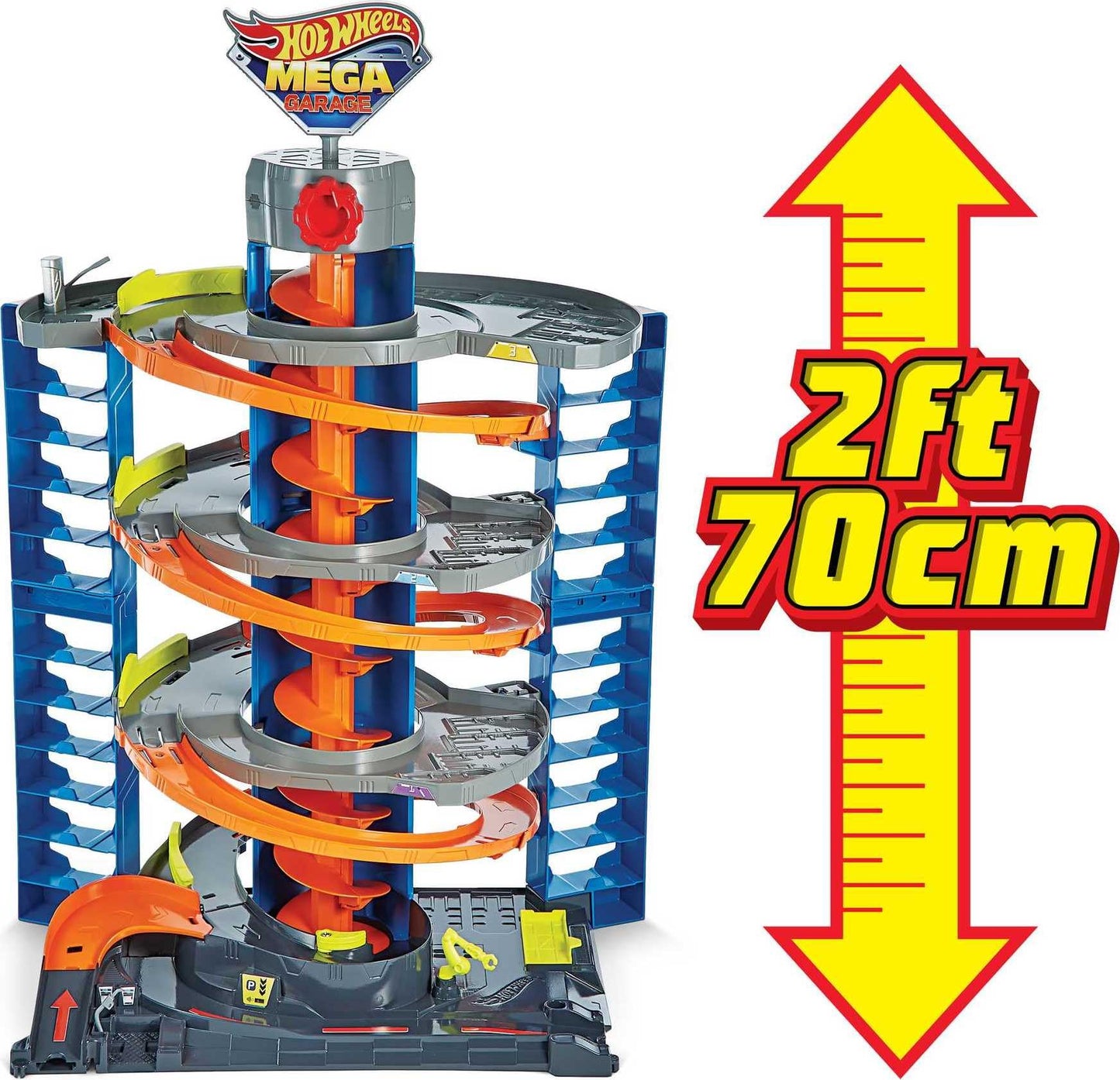 Hot Wheels City Mega Garage Playset with Corkscrew Elevator, Parking for 60+ Cars, Includes 1:64 Scale Vehicle, Kids Toy Gift Ages 4+ (HFH03)