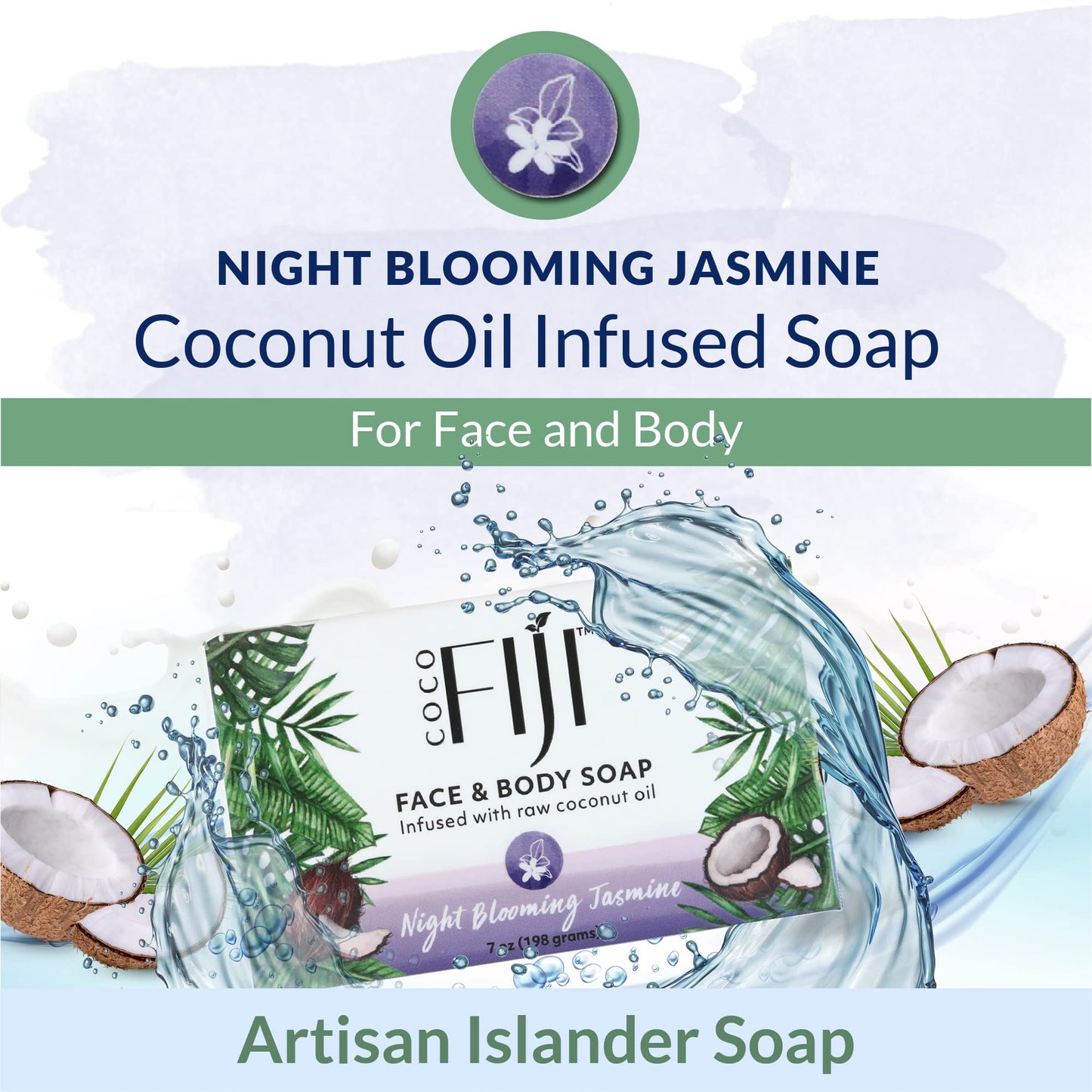 "Coco Fiji Soap Bar for Face and Body Infused With Organic Coconut Oil, Night Blooming Jasmine Essential Oil, Natural Soap for Moisturizing & Pore