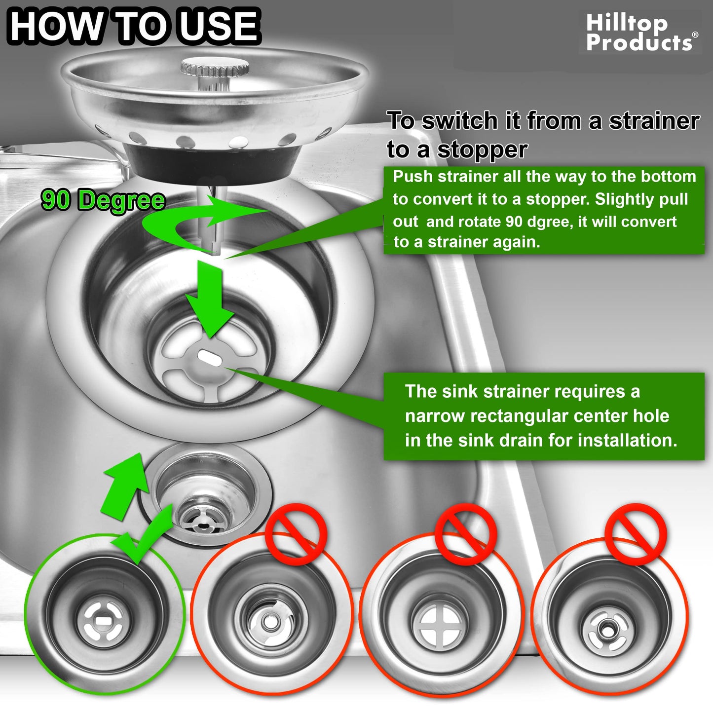 2-Pack Kitchen Sink Strainer & Stopper Combo, Fits Standard 3.5" Drain, Stainless Steel Basket with Plastic Knob & Rubber Stopper, Hilltop Products
