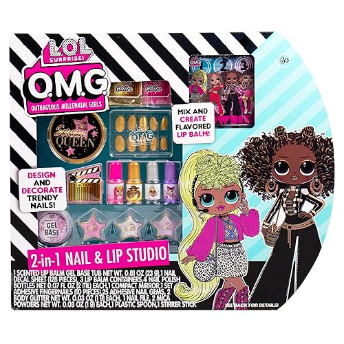 L.O.L. Surprise! O.M.G. 2-in-1 Lip & Nail Studio by Horizon Group USA, Double Feature Series, DIY Beauty Kit for Kids, Create 3 L.O.L. Surprise Lip