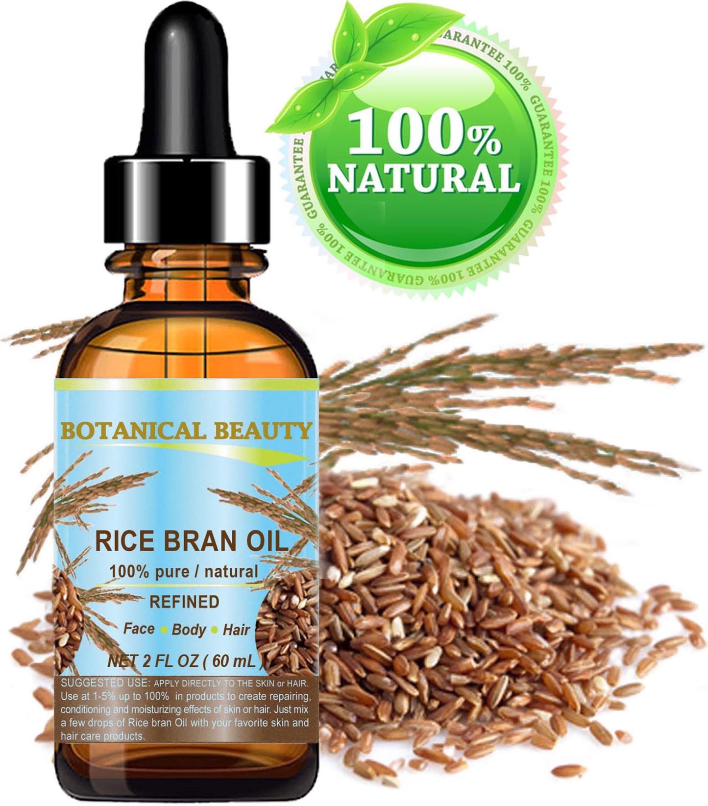 Botanical Beauty RICE BRAN OIL 100% Pure Natural Refined Undiluted Cold Pressed Carrier Oil for Face, Skin, Body, Hair, Massage, Nails. (2 Fl Oz)