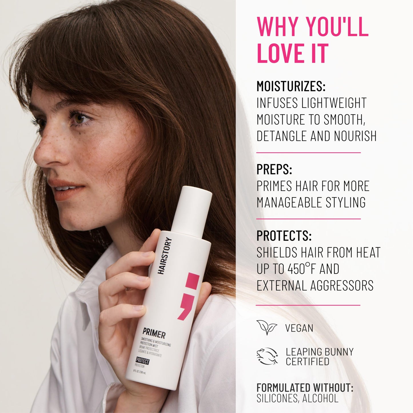 Hairstory Primer - Leave In Heat Protectant Spray for All Hair Types, UV Protection, Smoothing Detangler, Humidity Shield, Moisturizing Hair Mist, 8