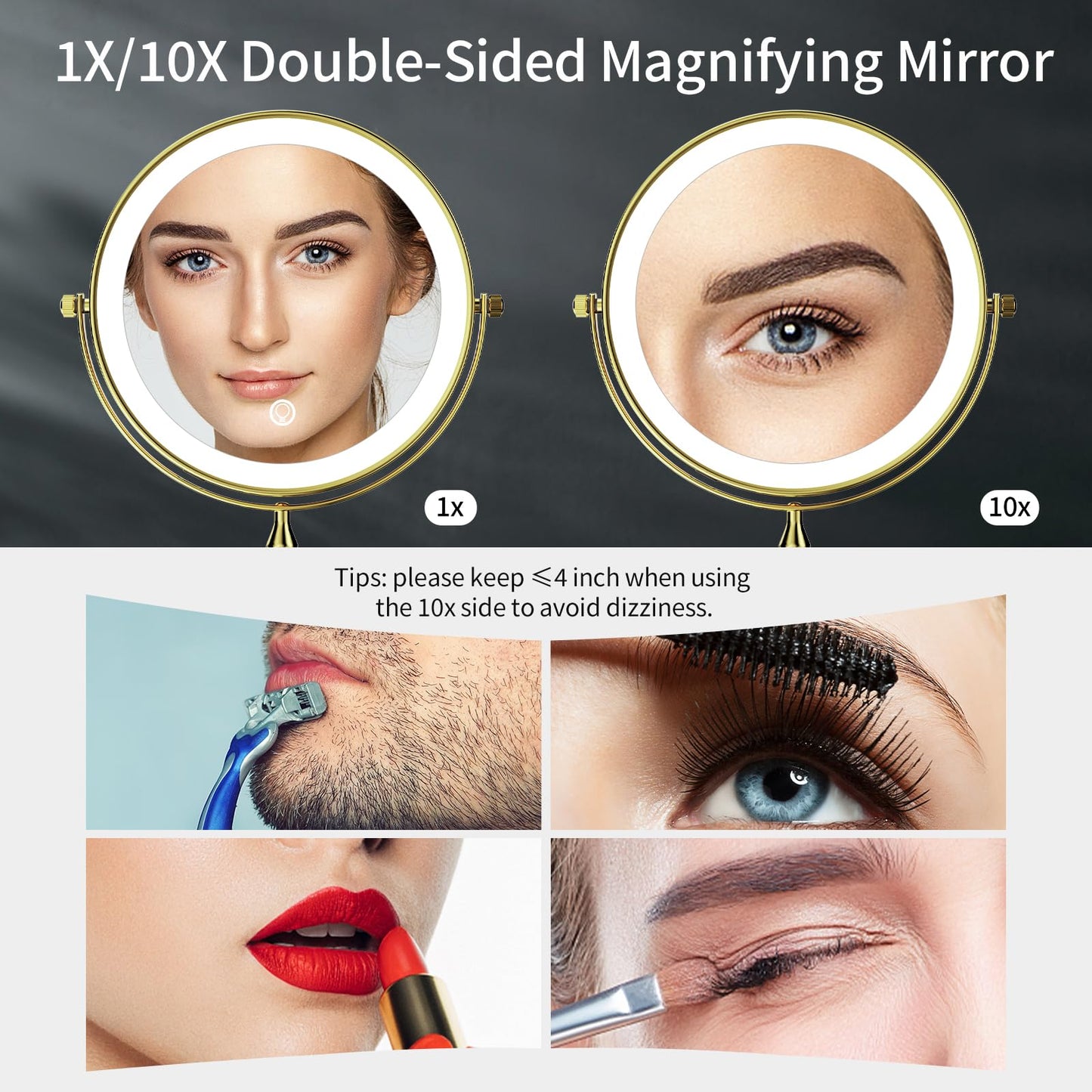 DOWRY 4000 mAh Rechargeable Lighted Makeup Mirror 10x Magnification Vanity Mirror Tabletop Two-Sided Swivel Gifts for Women Wife Mom Teengirls Gold