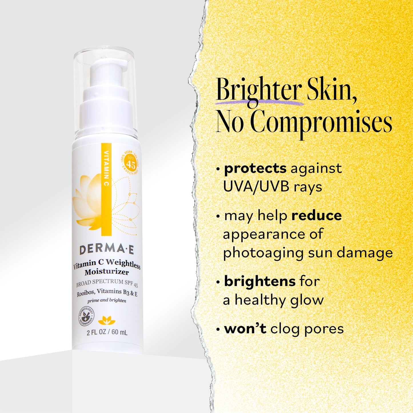 Derma E Vitamin C Weightless Moisturizer SPF 45, 2 Fl Oz, Skin Brightening Face Cream with Mineral UVA/UVB Sunscreen, Hydrating Face Moisturizer