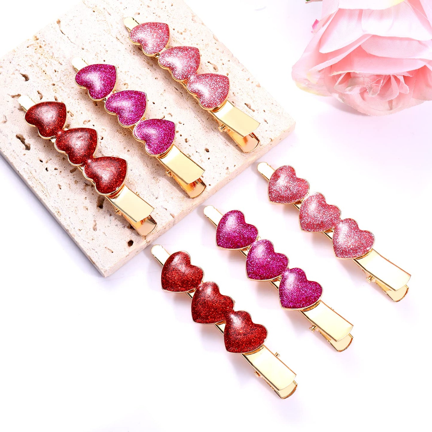 Boderier 6 Pack Valentine's Day Heart Hair Clips for Women Red Pink Fuchsia Glitter Rhinestone Heart Clips Hair Barrette Hair Accessory for Women