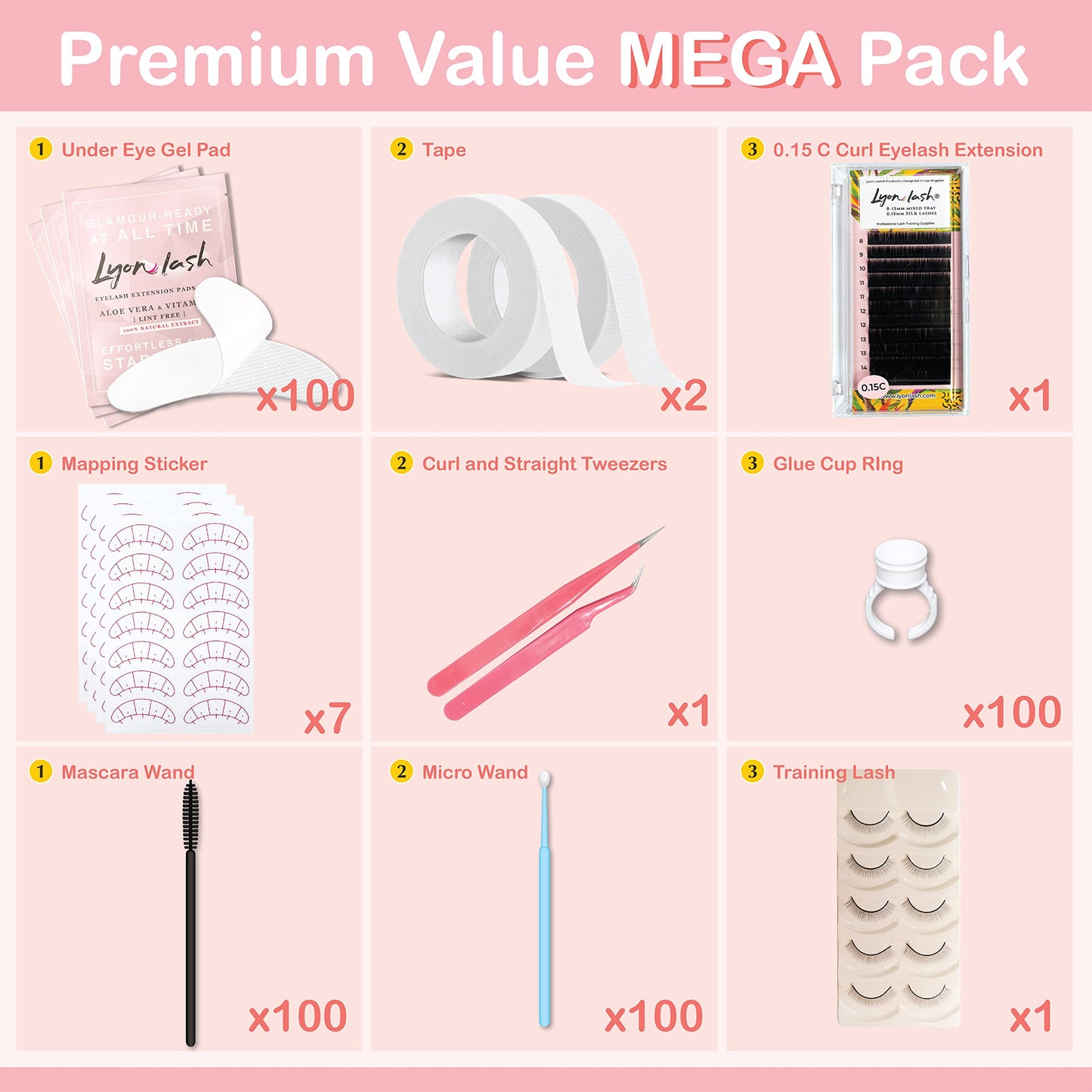 Lyon Lash Eyelash Extension Supplies 4x100 Packs - 100 Pairs Under Eye Gel Pads | 100 Disposable Mascara Brushes Wands | 100 Micro Applicators Brush |