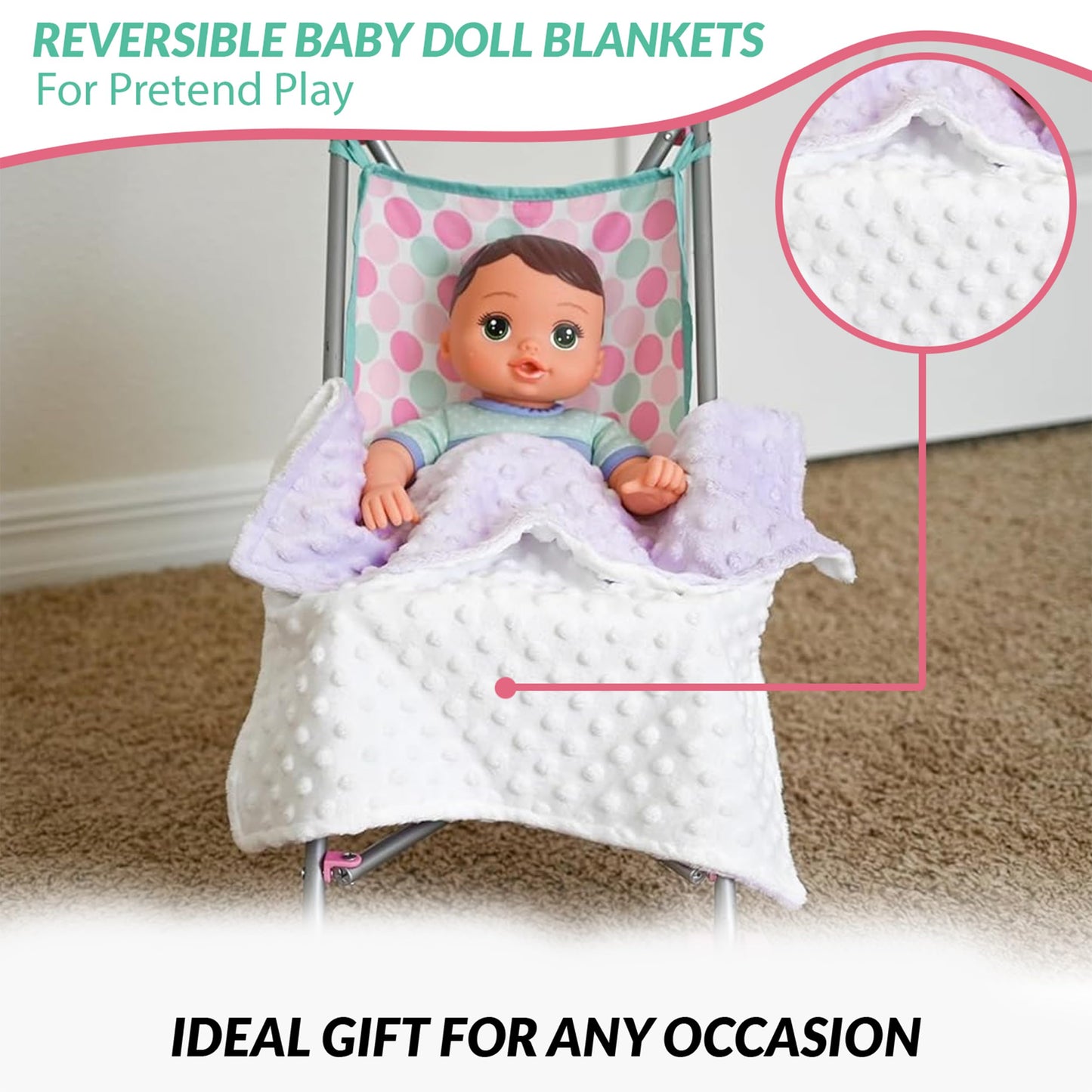 Baby Doll Blanket Set for 18 Inch, 15 Inch, and 12 Inch Dolls. Includes 2 Miniature, Plush, and Reversible 17" Baby Doll Blankets for Pretend Play.