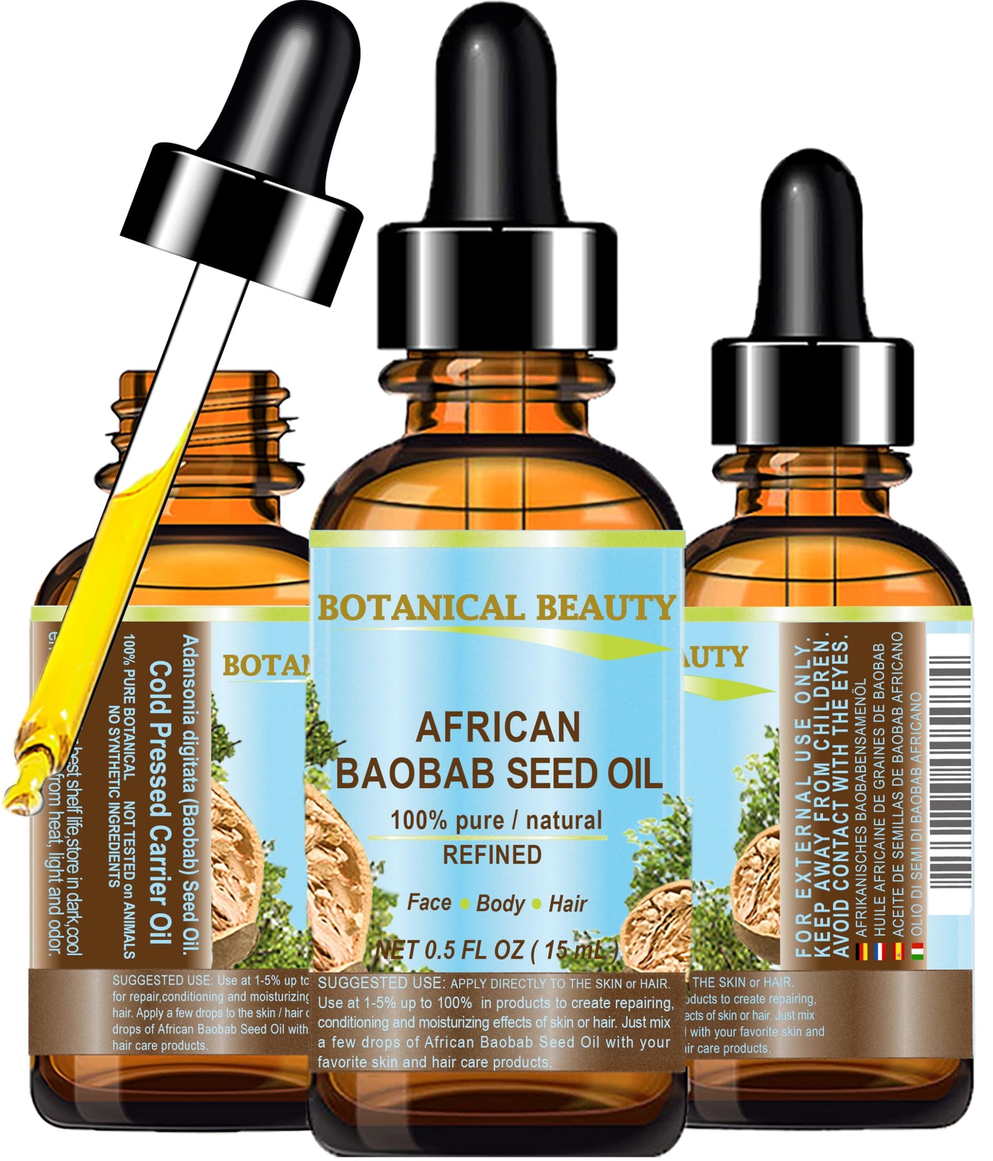 Botanical Beauty BAOBAB SEED OIL 100% Pure Natural Refined Cold-Pressed Carrier Oil 0.5 Fl oz 15 ml For Face Skin Body Hair Lip Nails Rich in Vitamin