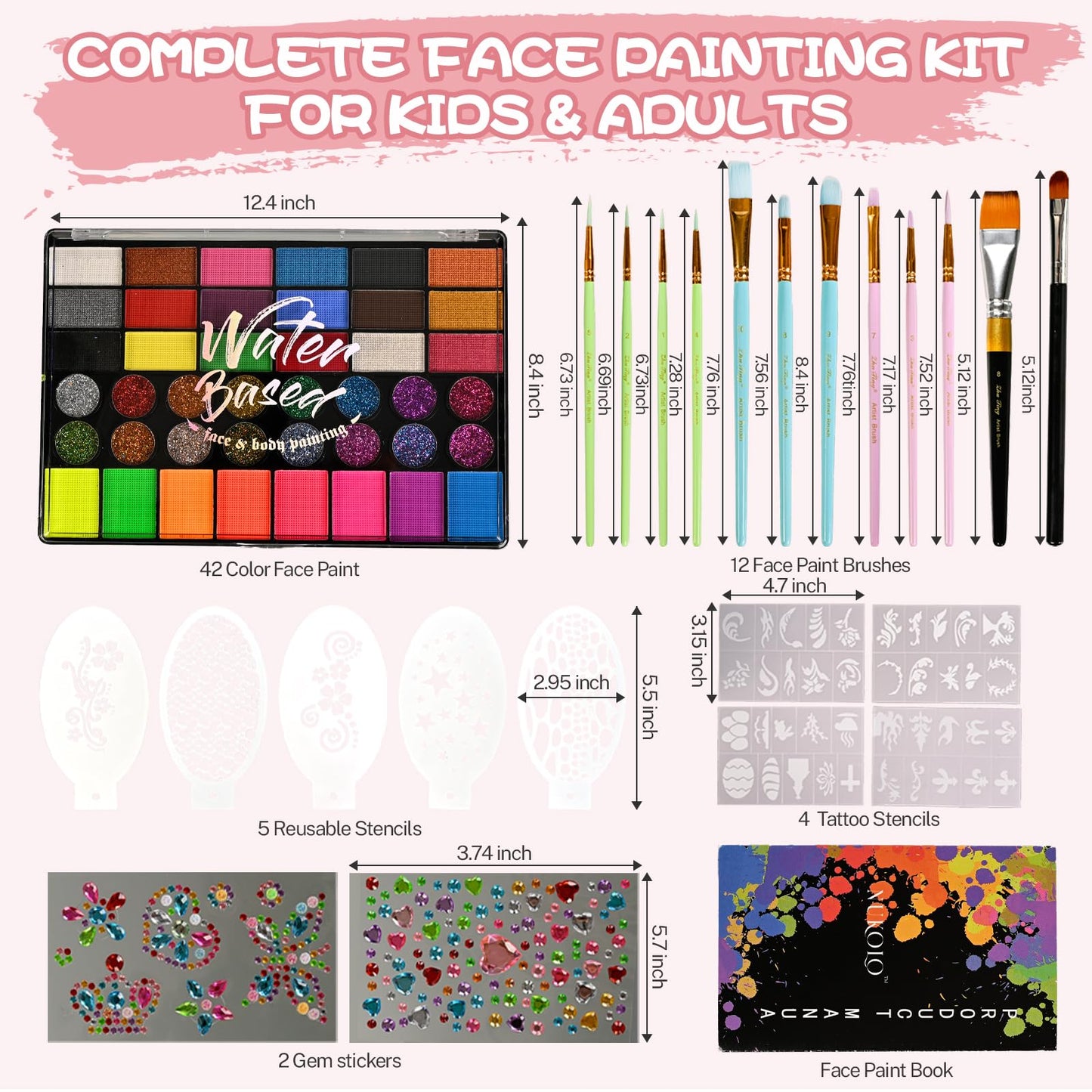 KNLDEFV 42 Color Kids Face Painting Kit, Non Toxic Water Activated Face Paint Palette with Stencils, Brush, Sparkle Gems. Perfect for Birthday