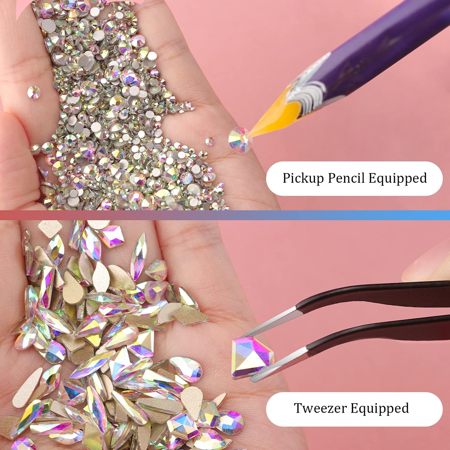 Multi Shapes 3D Glass AB Crystal Nail Art Rhinestones Kit with Flatback Round Bead Charm Gem Stone Jewelry Diamond with Pickup Pen + Tweezer