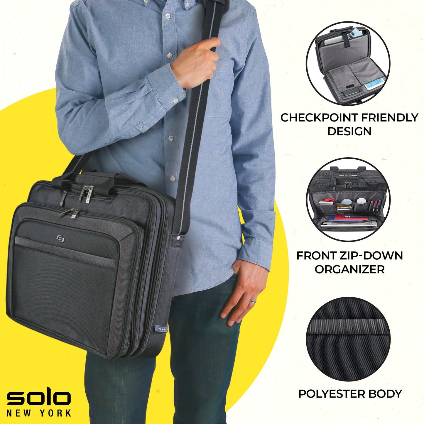 Solo New York Briefcase - Laptop Carrying Bag for Women & Men, Brief for Travel & Work, Front Zippered Pocket, Adjustable Shoulder Strap, Fits 17.3"