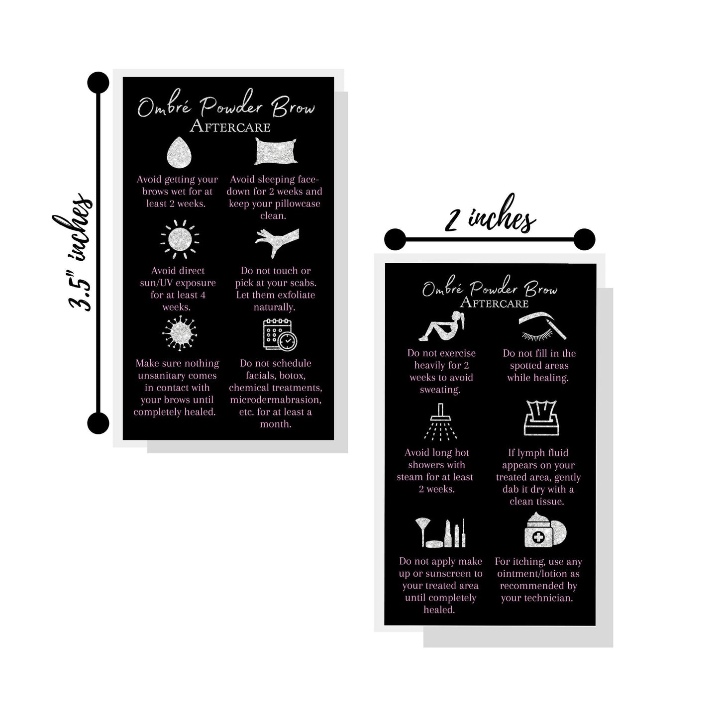 Ombre Powder Brow Aftercare Instructions Cards | Package of 50 | Size 2x3.5" inches Business Card | Black, Silver Glitter, and Light Pink Design