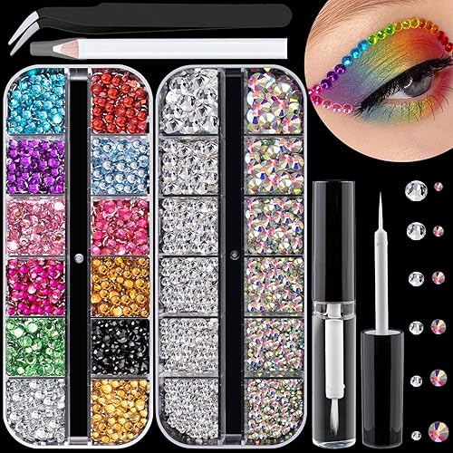 Flat Back Rhinestone Kits Colorful Rhinestones+Crystal AB&Transparent White Face Gems Nail Gem with Quick Dry Makeup Glue+Picker Pencil+Tweezer