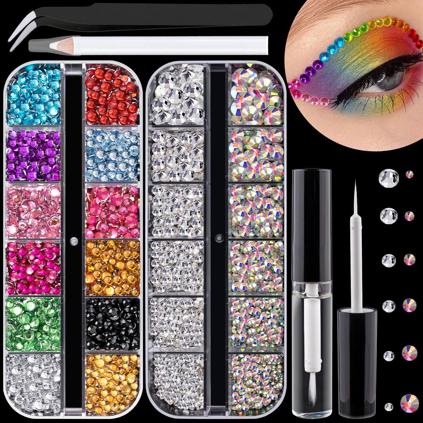 Flat Back Rhinestone Kits Colorful Rhinestones+Crystal AB&Transparent White Face Gems Nail Gem with Quick Dry Makeup Glue+Picker Pencil+Tweezer