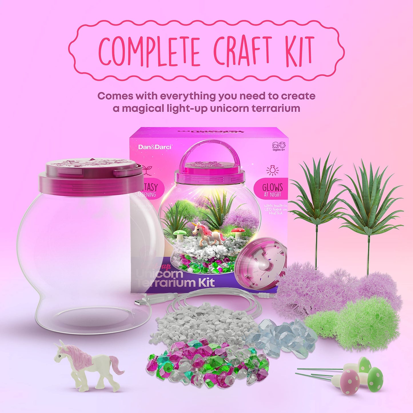 Dan&Darci Light-Up Unicorn Terrarium Kit for Kids – Magical DIY Unicorn Craft Set with Light-Up Jar – Arts & Crafts Gift for Girls & Boys Ages 4-12, Fun Birthday Present & Activity Kit