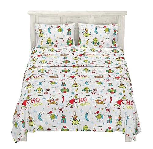 Grinch by Dr. Seuss Holiday & Christmas Bedding Super Soft 100% Cotton Flannel Sheet Set, Queen, (Officially Licensed Product) by Franco