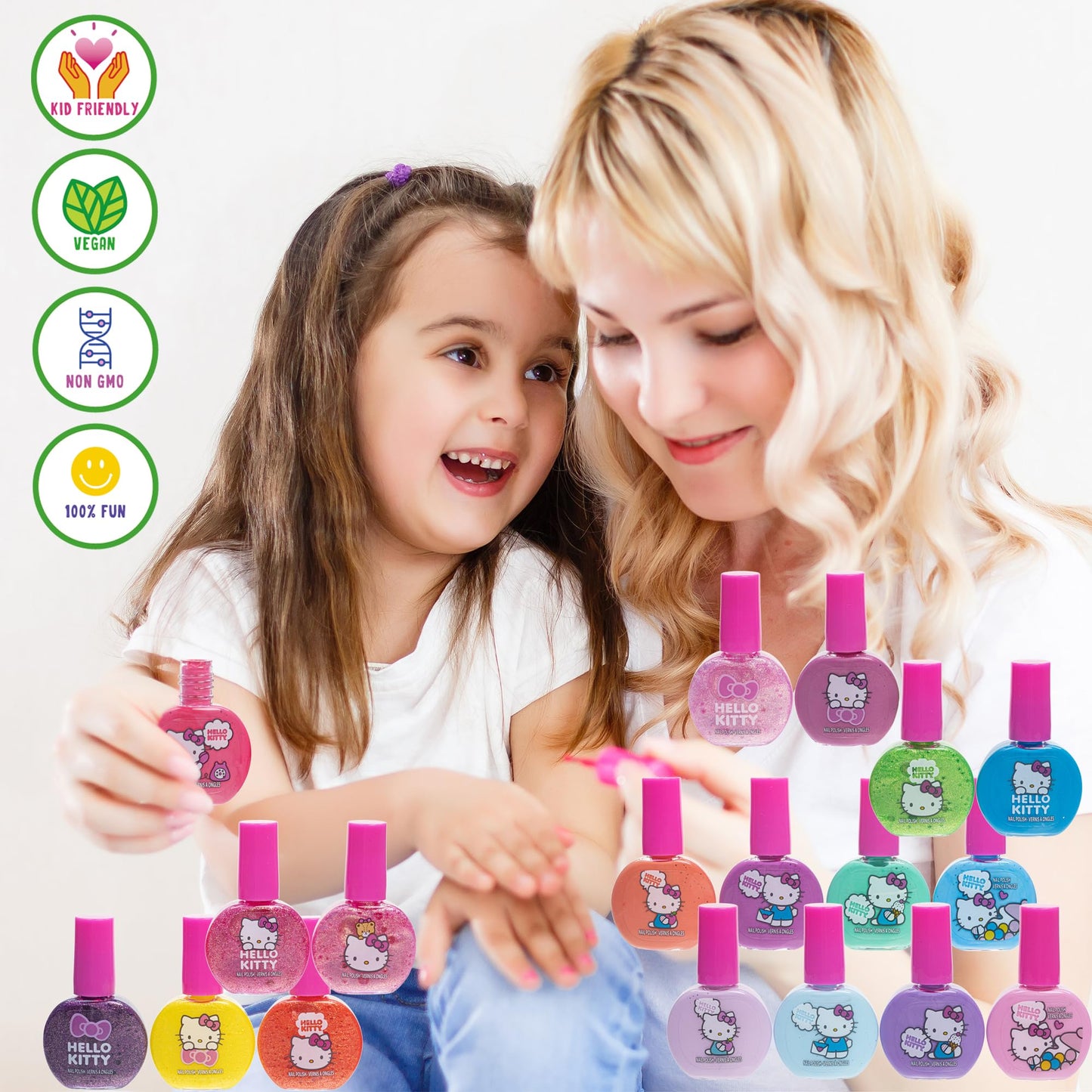 Hello Kitty Non-Toxic Water-Based Peel-Off Nail Polish Set with Glittery, Shimmery & Opaque Colors for Girl Kids Ages 3+, Perfect for Parties