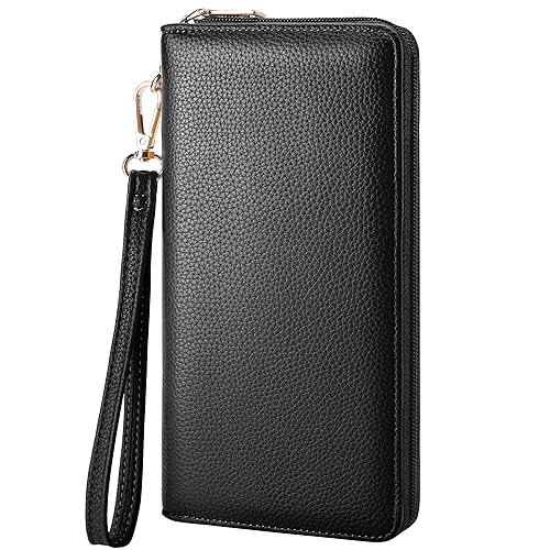 Chelmon Women's Vegan Leather Clutch Wallet with Zip, Hand Strap, Large Capacity