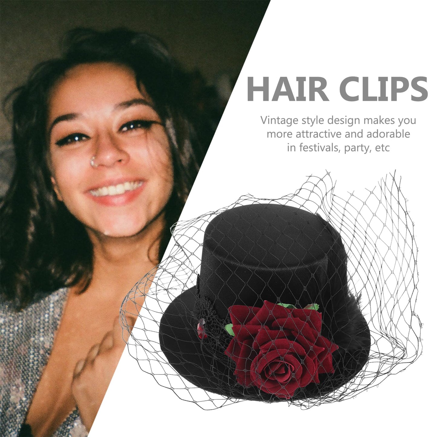 LEORX Small Top Hat Black Veil Hair Clip Flower Decor Top Hat Hair Accessories for Masquerade and Halloween