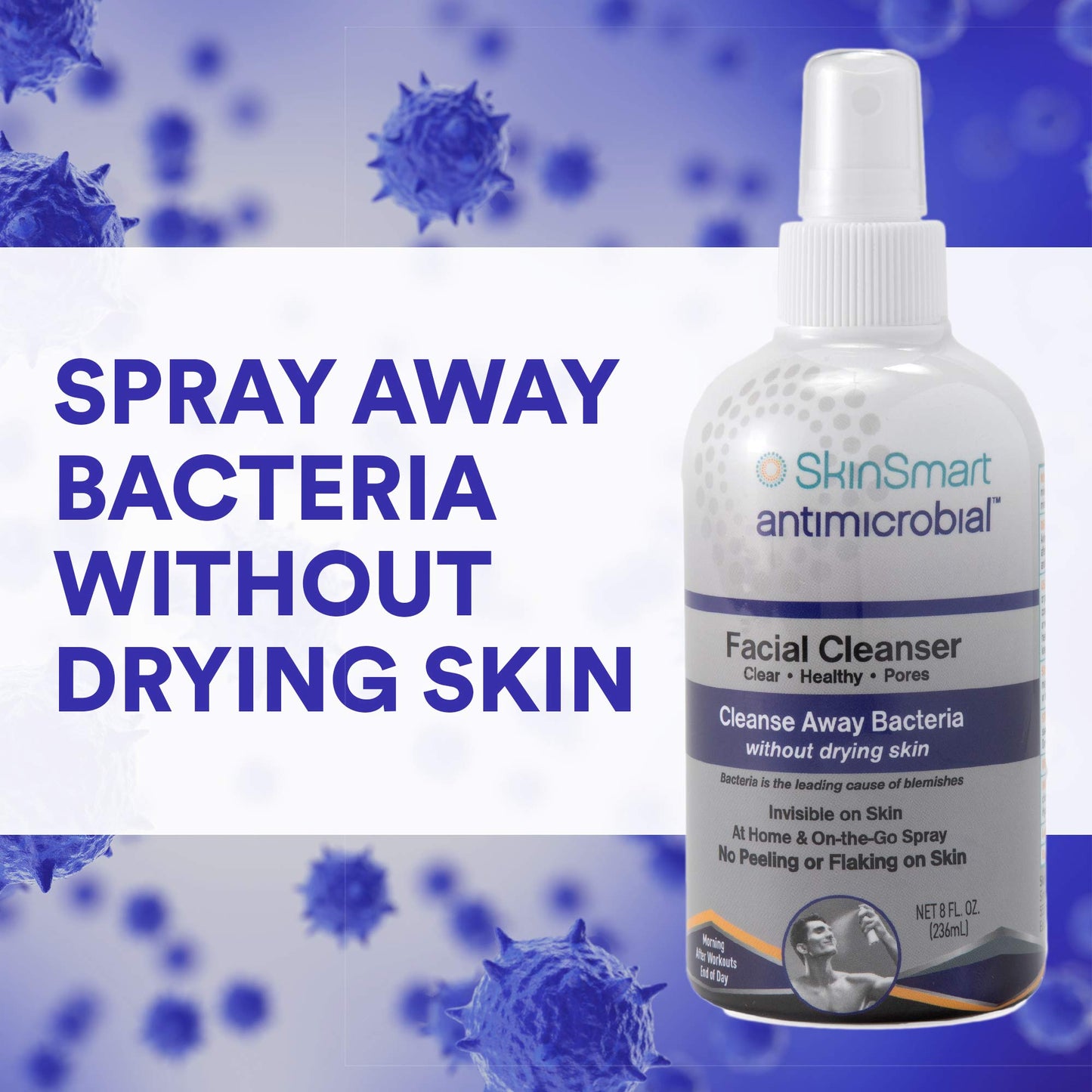 SkinSmart Facial Cleanser Spray 8 oz – Acne Treatment for Teens & Adults | Post-Workout Bacteria Defense, Gentle for Multiple Daily Uses