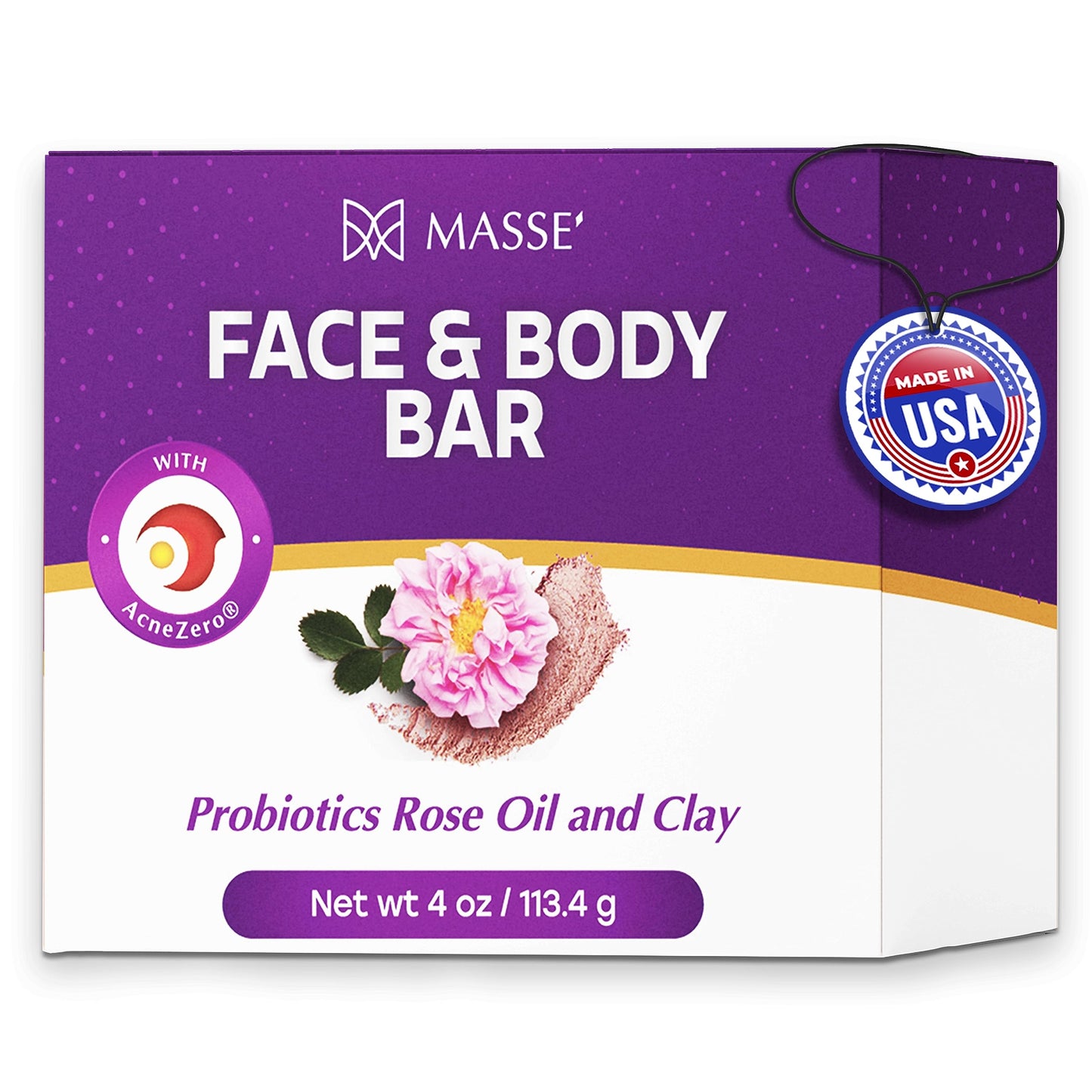 MASSE' Face & Body Bar - Probiotic with Rose Oil & Clay Infused cleansing body bar with Coleus, Vitex Berry Extracts - For Men and Women - Ideal