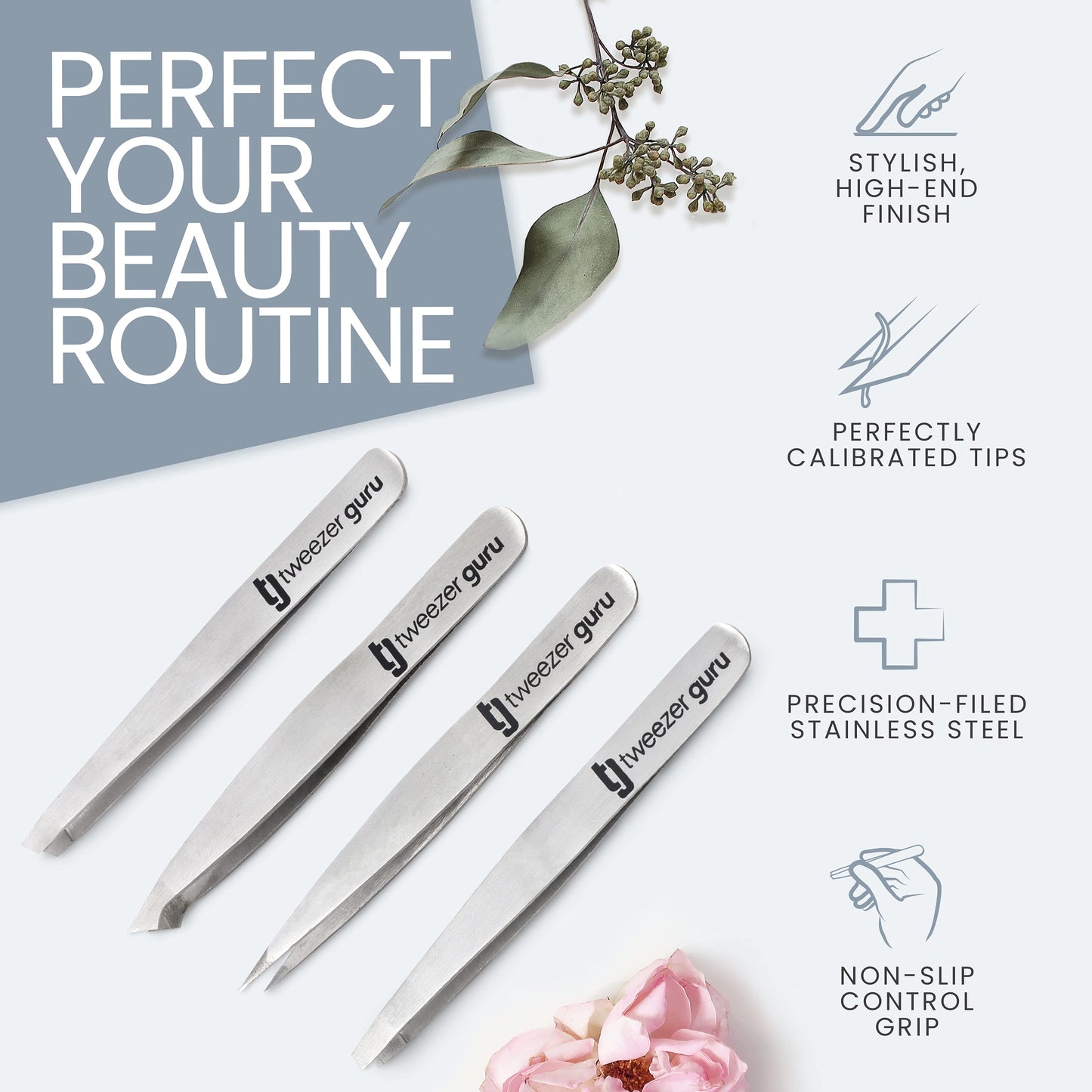 Tweezer Guru Eyebrow Tweezer Set for Women & Men - Professional Slant and Pointed Tweezers Set with Case - Precision Tweezers Kit for Facial Hair