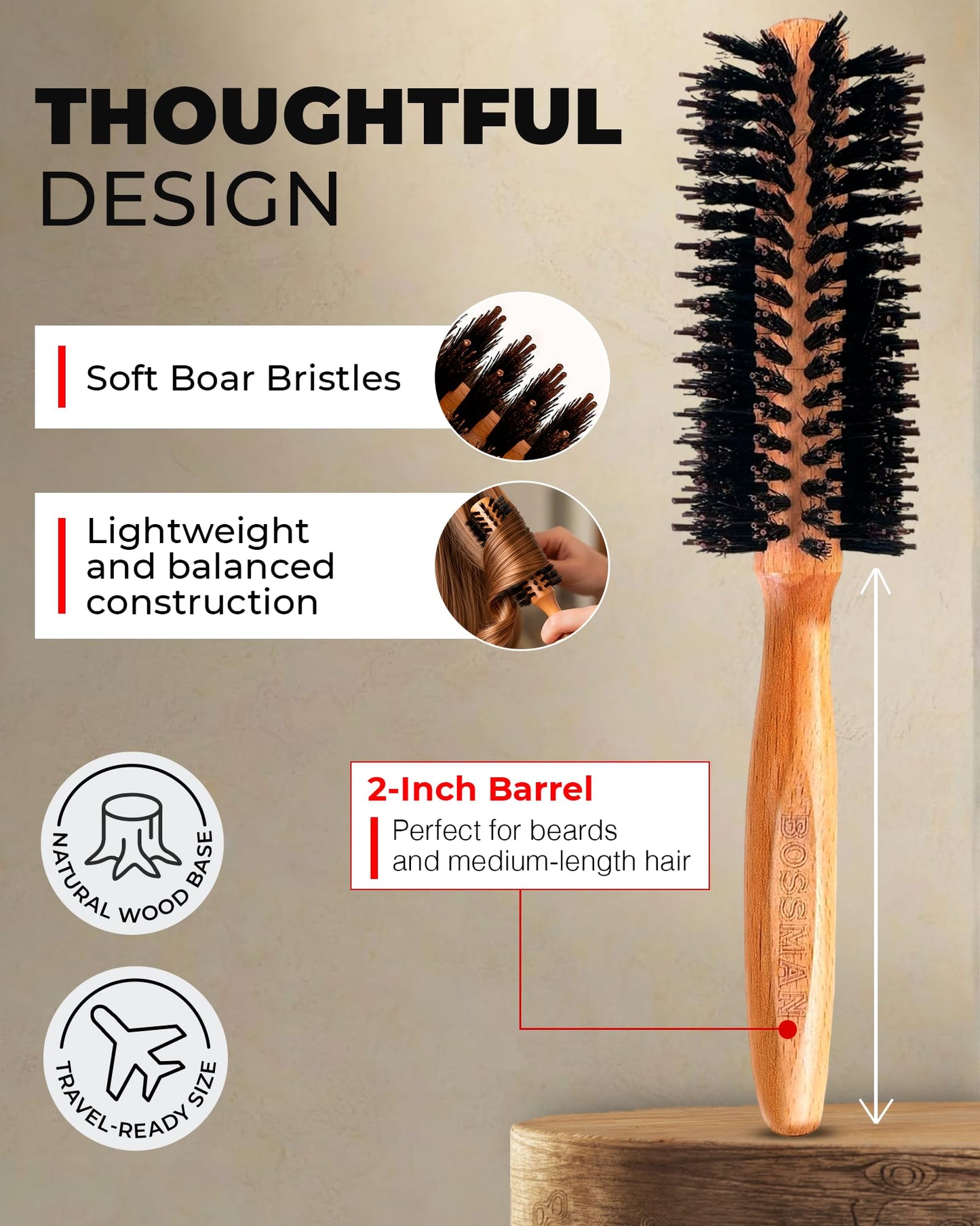 Bossman Boar & Nylon Bristle Round Hair Brush, 2 Inch - Blow Dryer Brush for Styling, Curling, Detangling, and Straightening