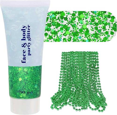 St Patricks Day Accessories Green Face Glitter & 10 PCS 7mm 33’ St Patricks Day Decorations Green Beaded Necklace Set, Christmas Glitter for Hair