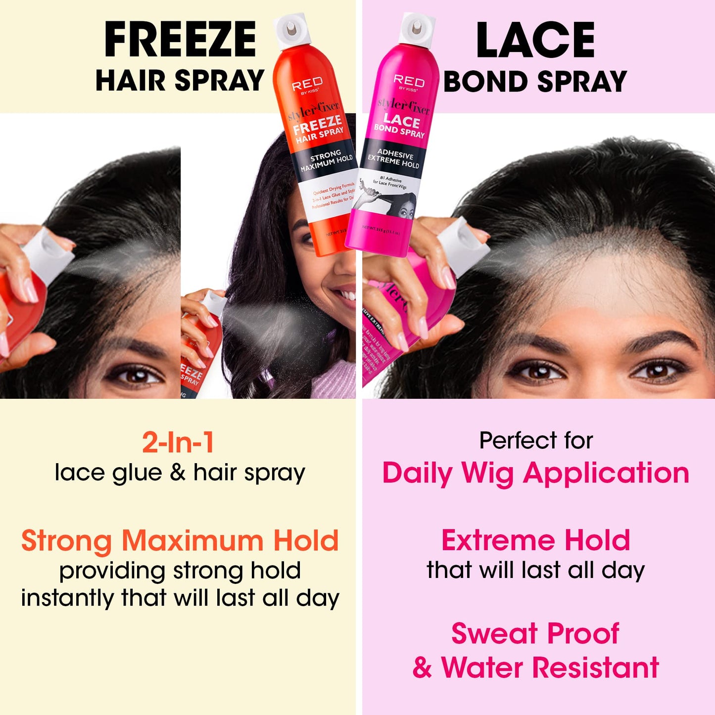 Red by Kiss Styler Fixer Freeze Hair Spray Strong Maximum Hold 2-In-1 Lace Glue and Styling 11oz