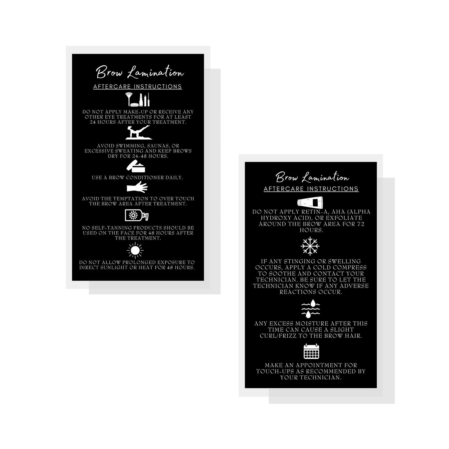 Brow Lamination Aftercare Instruction Cards | 50 Pack | 2x3.5” inches Business Card Size | Starter Lift Kit At Home DIY Brow Lift and Tint | Snatched