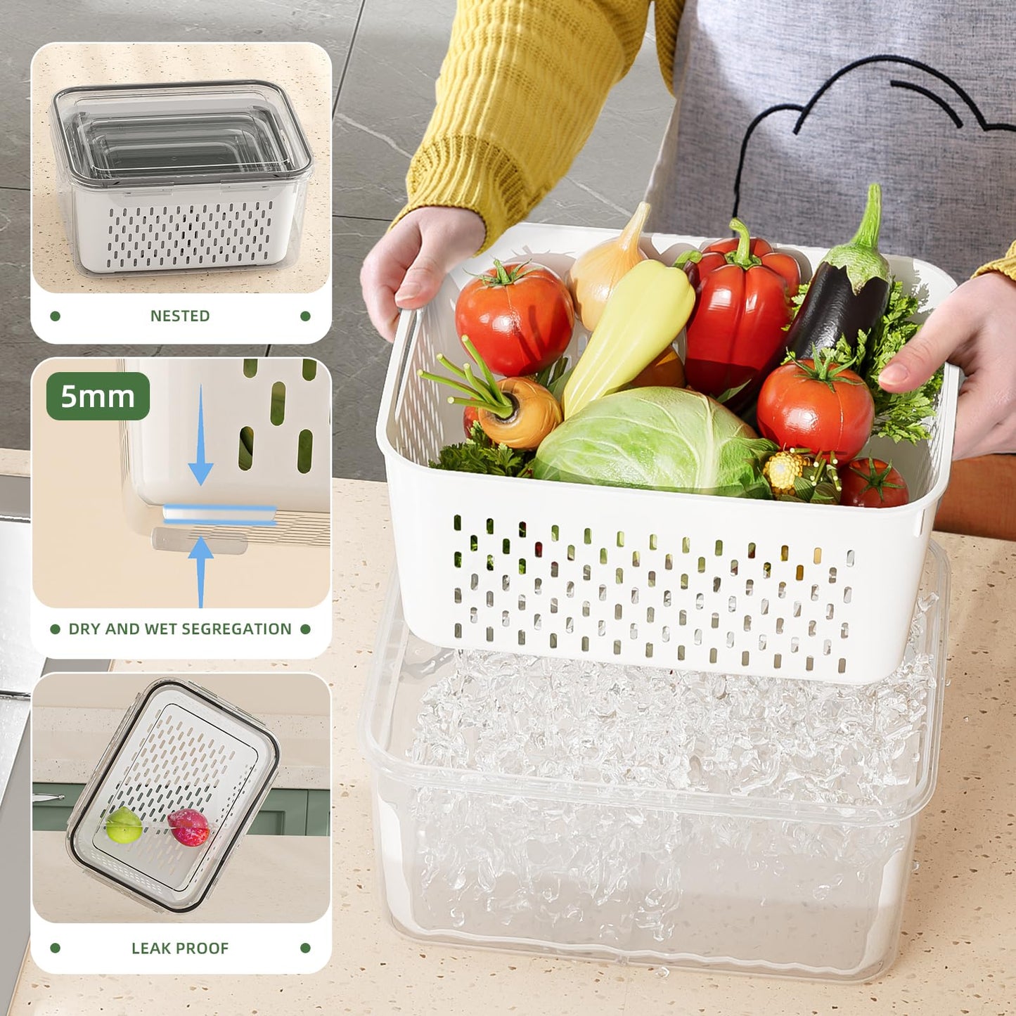 KEMETHY 5 Pack Fruit Storage Containers for Fridge with Removable Colanders - Food Storage Containers with Lids, BPA-Free Produce Containers Keep…