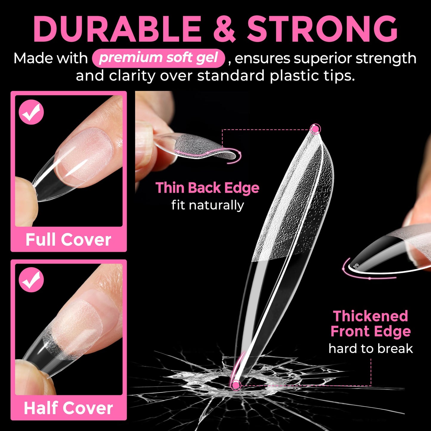 UNA GELLA Almond Nail Tips 216pcs Medium Almond Press on Nails Pre-shape Gel Fake Nails for Full Cover Acrylic French False Nails For Nail Extension