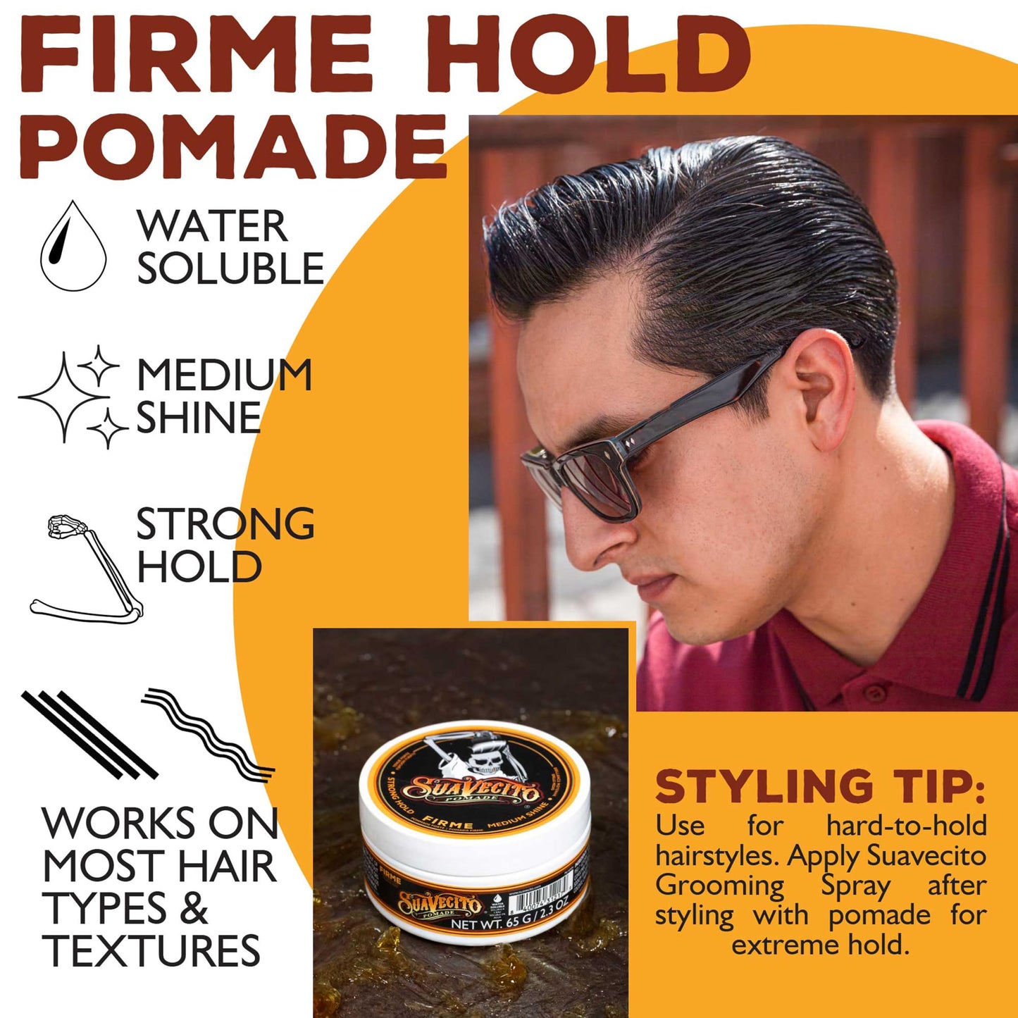 Suavecito Pomade Firme (Strong) Hold 2.3 oz, 1 Pack - Pomade For Men - Medium Shine Water Based Wax Like Flake Free Hair Gel - Easy To Wash Out - All