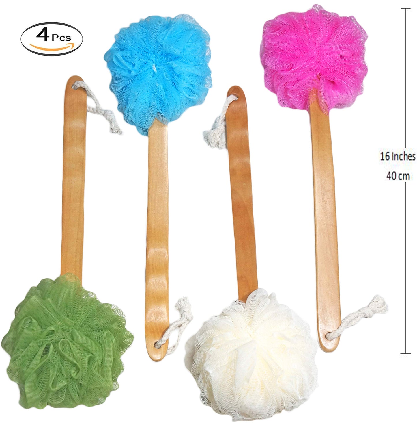 4 Pack Shower Loofah Body & Back Scrubber - Exfoliating Loofah luffa loofa Bath Brush On a Stick - with Long Wooden Handle Back Brush for Men & Women