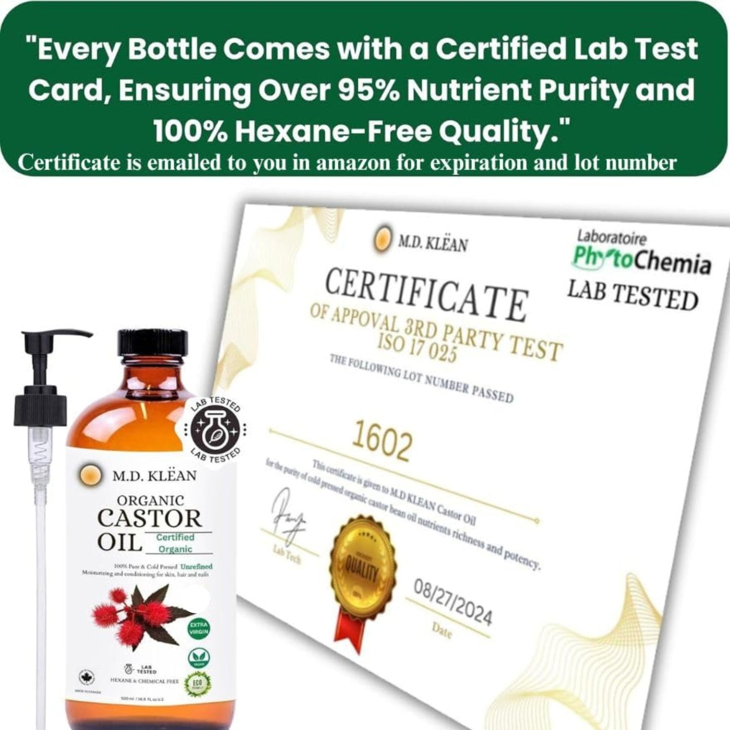 MD KLEAN Organic Castor Oil (500ml w/ 60ml Dropper) 100% Cold Pressed Unrefined Glass Bottles | Hexane Free | Moisturizer and Conditionor