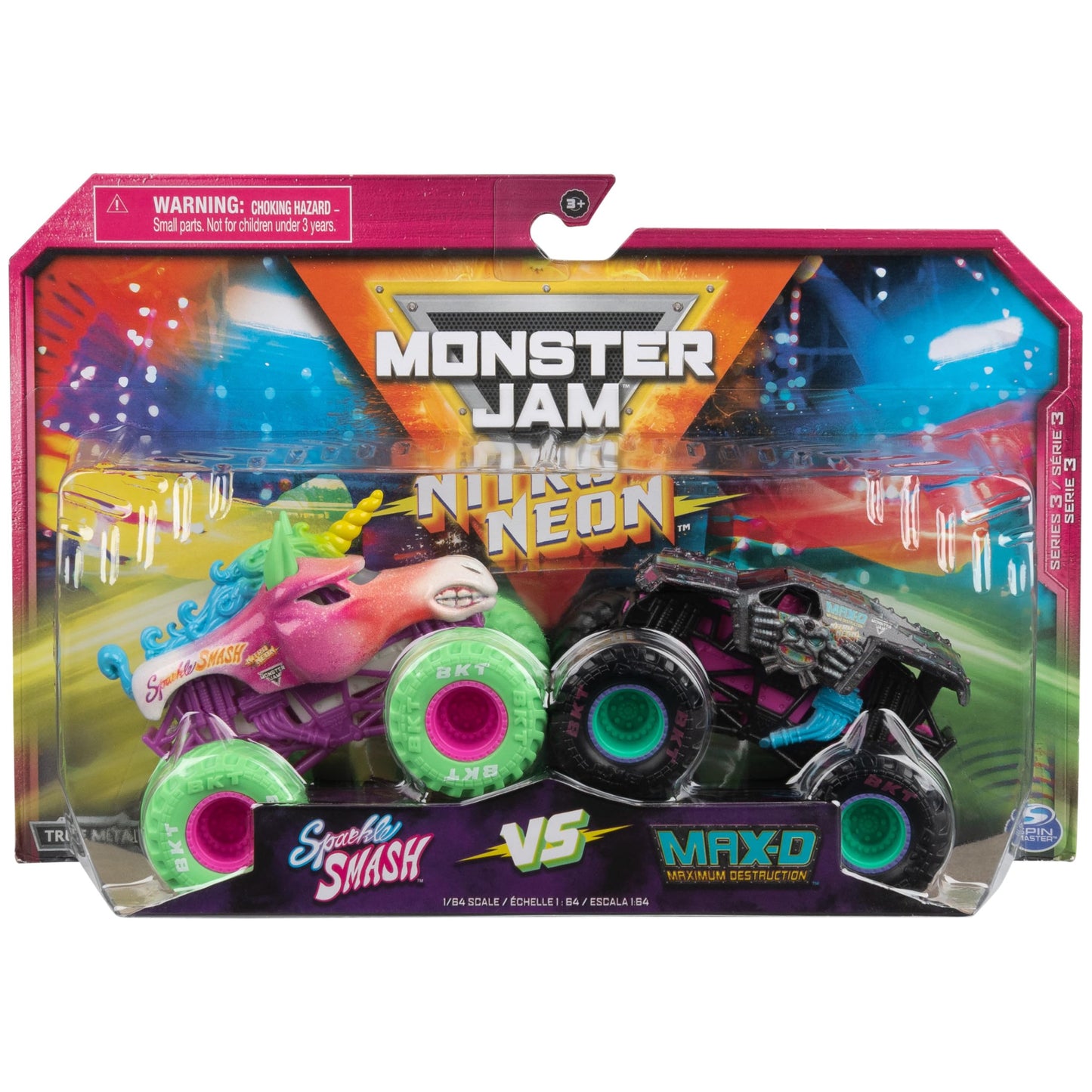 Monster Jam Nitro Neon 1:64 Scale Die-Cast Trucks – Sparkle Smash vs Max-D, Official Monster Trucks Toys for Kids Ages 3+