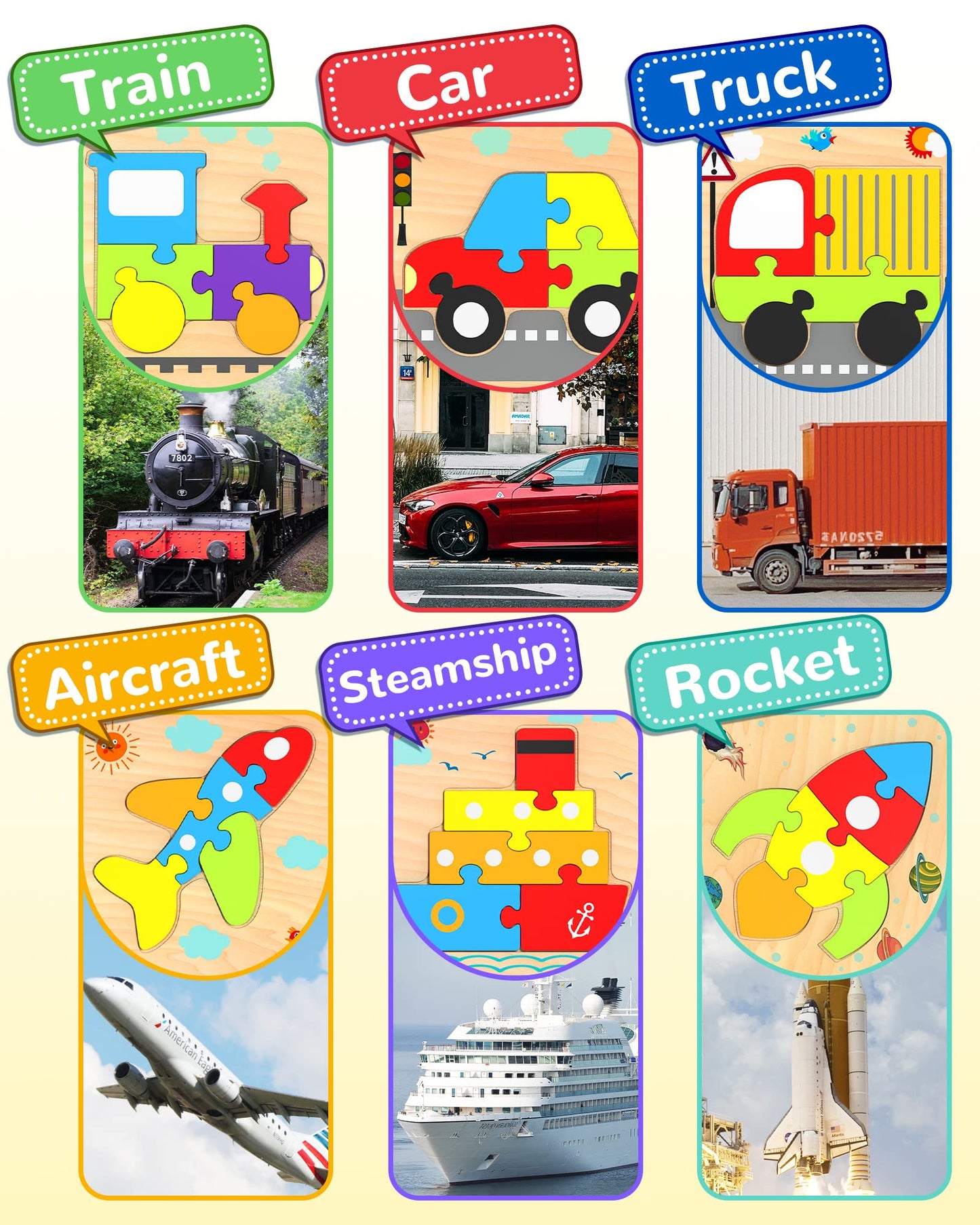 Yetonamr Wooden Toddler Puzzles – 6 Vehicle Shape Montessori Educational Toys for Boys & Girls Ages 1–4, Learning & Birthday Gift