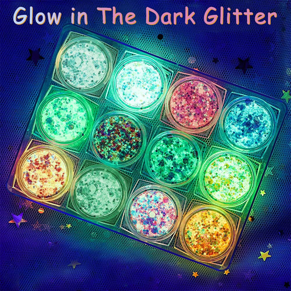 IYARKAI® Glitter Gel Makeup, Iridescent Glitter Set 12 Colours, Glitter Powder Kit, Glitter Cosmetic for Face Nails Eyes Lips Hair Body, Music