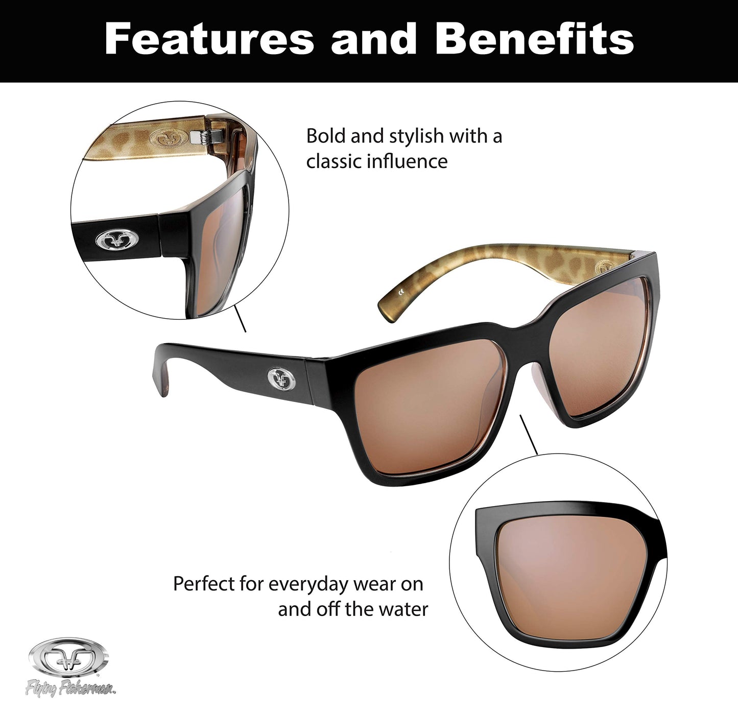 Flying Fisherman unisex adult Harper Sunglasses, Gloss Black Frame/Copper-silver Mirror Lens, Medium US