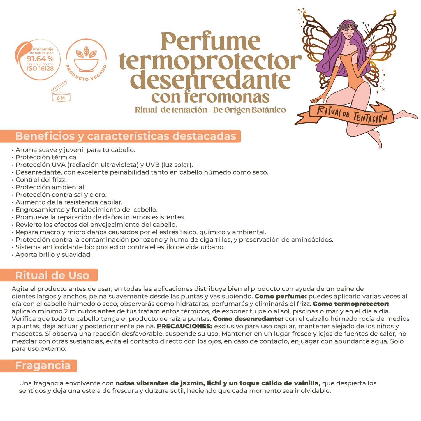 Origen Botánico Perfume Termoprotector para Cabello, Sin Alcohol, Antifrizz, Desenredante, Protección solar, Con Feromonas, Aroma Ritual de Tentación