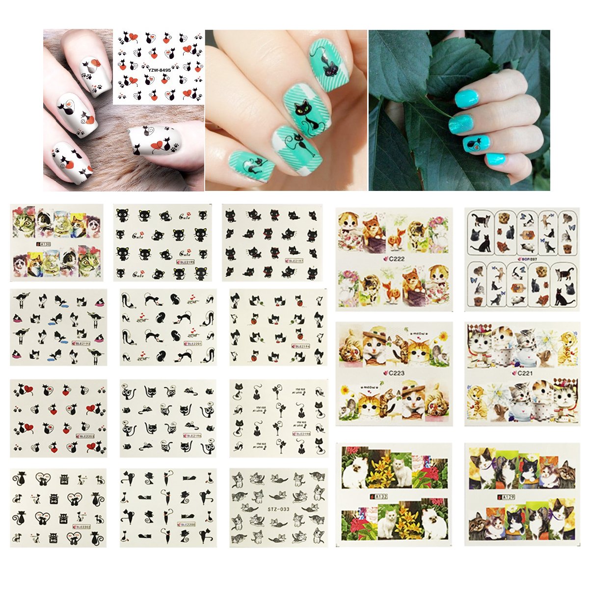 ALLYDREW 22 Sheets Cat Nail Art Water Slide Cat Nail Decals Kitty Water Transfer Nail Decals